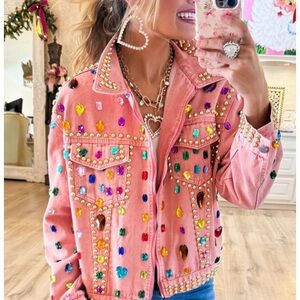 Pink Jeweled Mineral-Wash Denim Jacket Embellished Pink Jacket